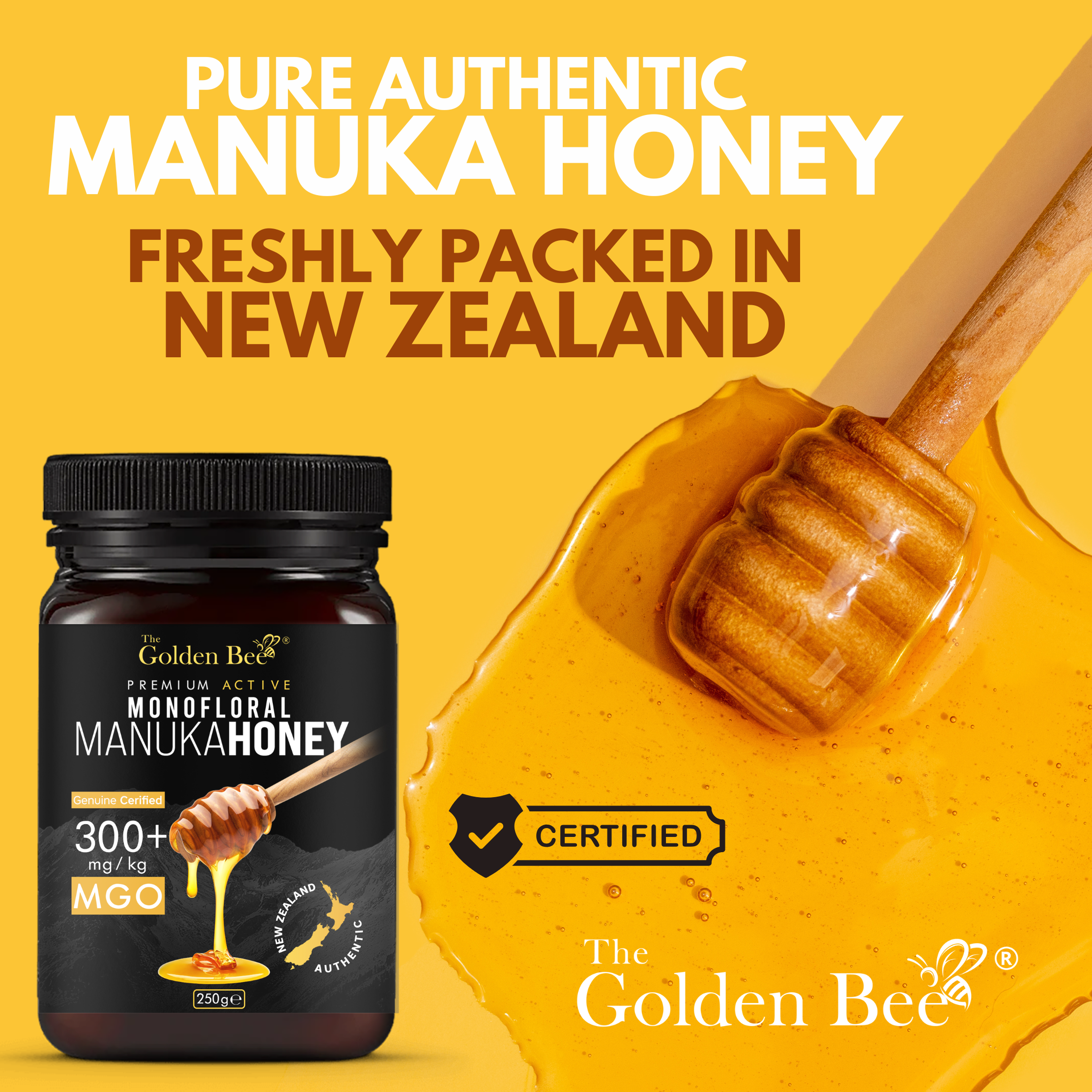 Powerhouse Manuka Honey 100% 300+  MGO Certified Approved | Antimicrobial for Wound and Skin Healing | Dark, Rich & Creamy | Sealed & Bottled In New Zealand (250g) by The Golden Bee®