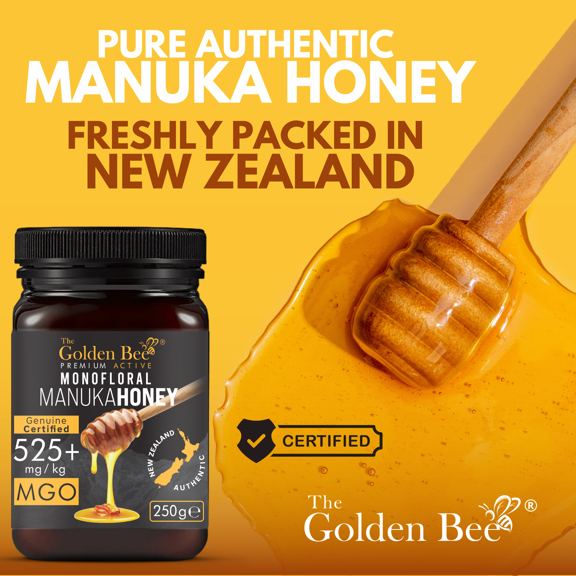 Powerhouse Manuka Honey 100% 525+  MGO Certified Approved | Antimircobial for Wound and Skin Healing | Dark, Rich & Creamy | Sealed & Bottled In New Zealand (250g) by The Golden Bee®