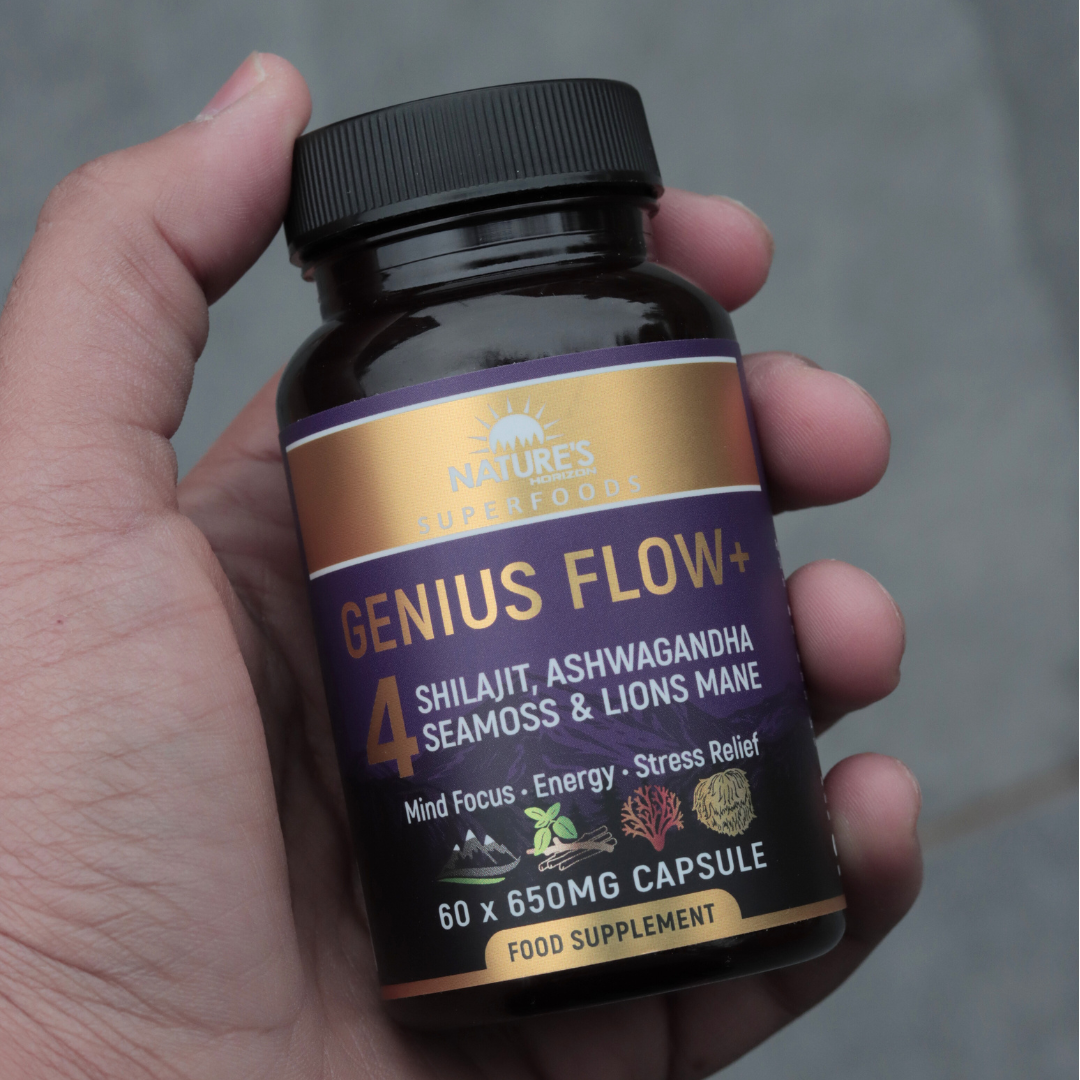 Genius Flow+ Adaptogenic Blend : Enhance Focus & Clarity with Lion’s Mane, Shilajit, Sea Moss & Ashwagandha for Stress Relief & Cognitive Support