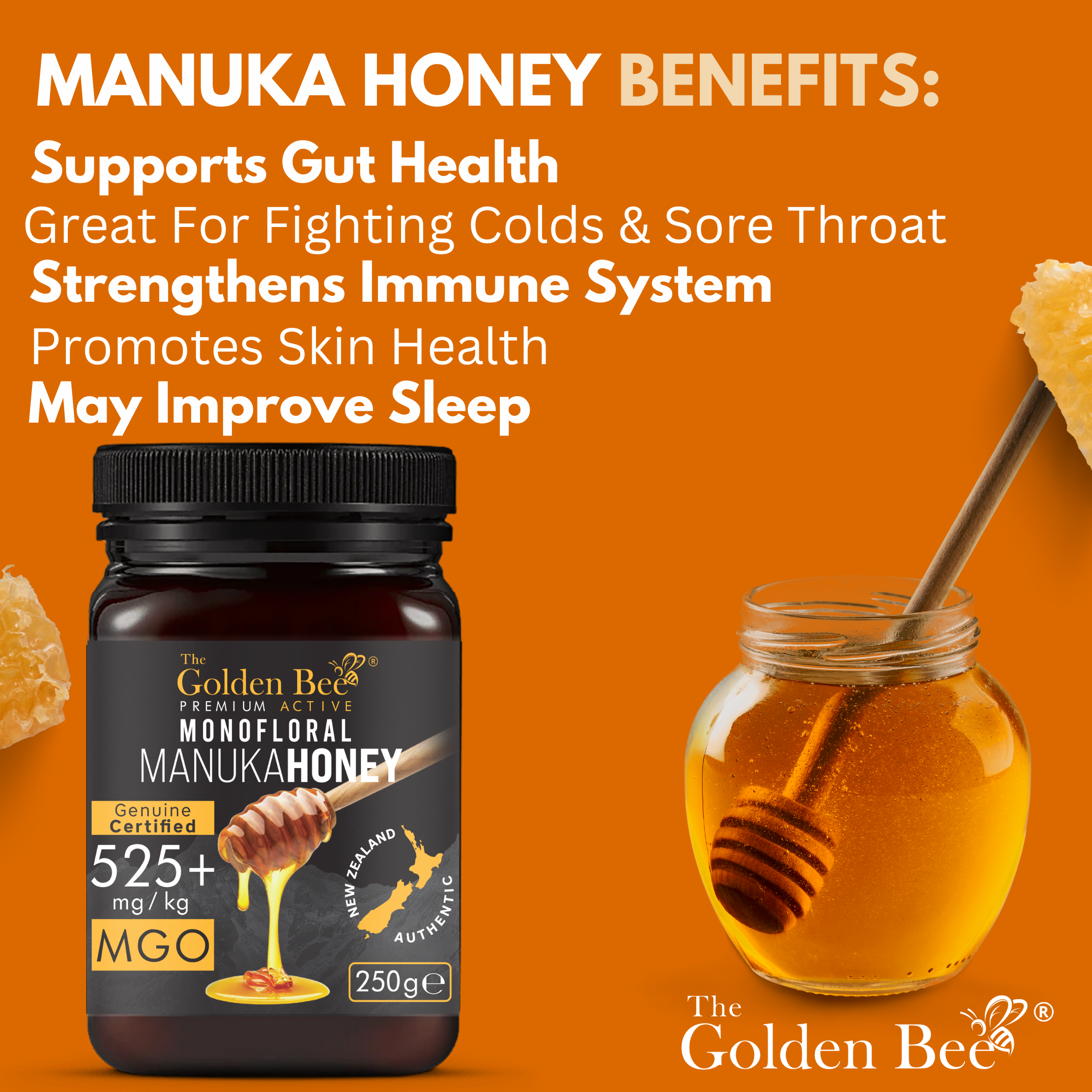 Powerhouse Manuka Honey 100% 525+  MGO Certified Approved | Antimircobial for Wound and Skin Healing | Dark, Rich & Creamy | Sealed & Bottled In New Zealand (250g) by The Golden Bee®