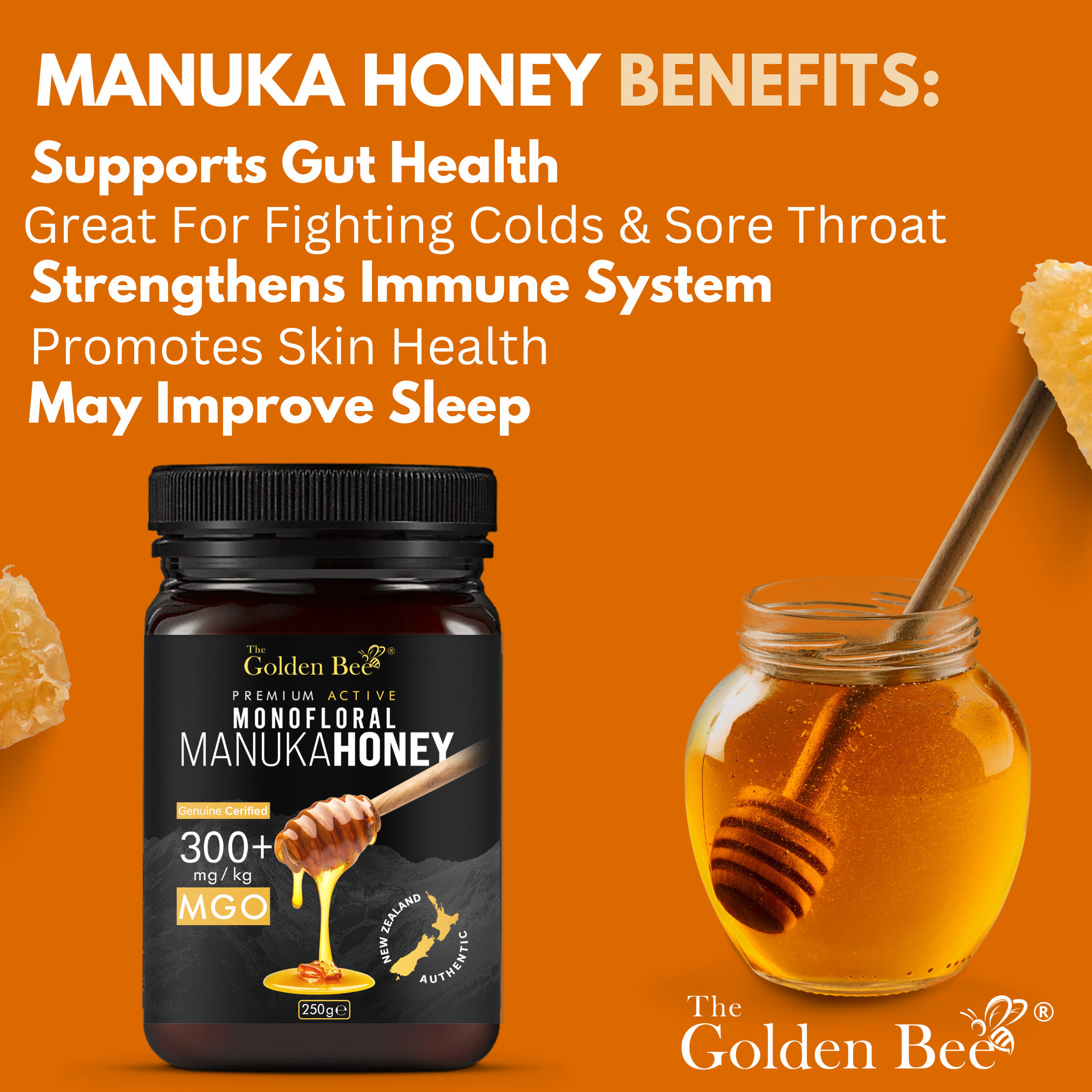 Powerhouse Manuka Honey 100% 300+  MGO Certified Approved | Antimicrobial for Wound and Skin Healing | Dark, Rich & Creamy | Sealed & Bottled In New Zealand (250g) by The Golden Bee®