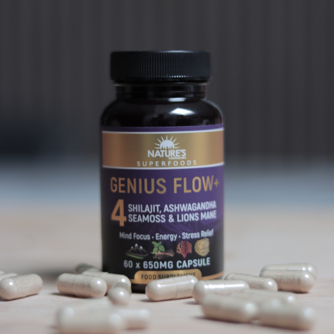 Genius Flow+ Adaptogenic Blend : Enhance Focus & Clarity with Lion’s Mane, Shilajit, Sea Moss & Ashwagandha for Stress Relief & Cognitive Support